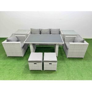 Fimous Patio Garden Furniture Sets with Black Glass Top Dining Table Armchair 3 Seater Sofa 2 Side Tables 2 Small Stool Light Grey Fimous Patio Garden Furniture Sets with Black Glass Top Dining Table Armchair 3 Seater Sofa 2 Side Tables 2 Small Stool Light Grey