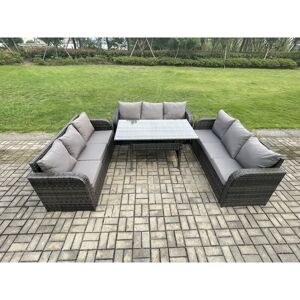Patio Rattan Garden Furniture Set with Oblong Rectangular Dining Table 9 Seater Outdoor Lounge Sofa Set Dark Grey Mixed - Fimous Patio Rattan Garden Furniture Set with Oblong Rectangular Dining Table 9 Seater Outdoor Lounge Sofa Set Dark Grey Mixed - Fimous