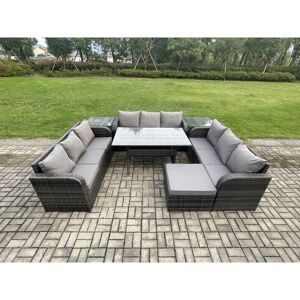FIMOUS Patio Rattan Garden Furniture Set with Oblong Rectangular Dining Table Big Footstool 2 Side Tables 10 Seater Outdoor Lounge Sofa Set Dark Grey Mixed FIMOUS Patio Rattan Garden Furniture Set with Oblong Rectangular Dining Table Big Footstool 2 Side Tables 10 Seater Outdoor Lounge Sofa Set Dark Grey Mixed