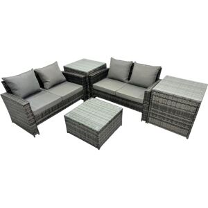 Fimous PE Rattan Garden Furniture Set Lounge Double Seat Sofa Coffee Table Set with 2 Side Tables Dark Grey Mixed Fimous PE Rattan Garden Furniture Set Lounge Double Seat Sofa Coffee Table Set with 2 Side Tables Dark Grey Mixed