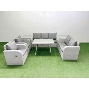Pe Rattan Garden Furniture Set Outdoor Rectangular Dining Table Sofa Set with Reclining Chair 2 Side Tables Light Grey - Fimous Pe Rattan Garden Furniture Set Outdoor Rectangular Dining Table Sofa Set with Reclining Chair 2 Side Tables Light Grey - Fimous