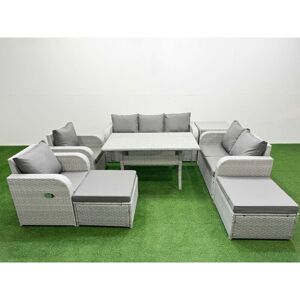 FIMOUS Pe Rattan Garden Furniture Set Reclining Chair Sofa Double Love Seat 2 Seater Sofa Lounge Set Rectangular Dining Table 2 Big Footstool Side Table FIMOUS Pe Rattan Garden Furniture Set Reclining Chair Sofa Double Love Seat 2 Seater Sofa Lounge Set Rectangular Dining Table 2 Big Footstool Side Table