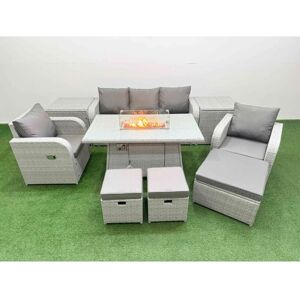 Pe Rattan Garden Furniture Set Reclining Chair Sofa Lounge Sofa Set Firepit Dining Table 2 Side Table 3 Stools Light Grey - Fimous Pe Rattan Garden Furniture Set Reclining Chair Sofa Lounge Sofa Set Firepit Dining Table 2 Side Table 3 Stools Light Grey - Fimous