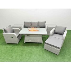 Pe Rattan Garden Furniture Set Reclining Chair Sofa Lounge Sofa Set Firepit Dining Table 2 Side Table Big Footstool Light Grey - Fimous Pe Rattan Garden Furniture Set Reclining Chair Sofa Lounge Sofa Set Firepit Dining Table 2 Side Table Big Footstool Light Grey - Fimous