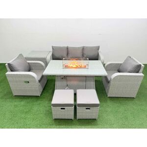 Pe Rattan Garden Furniture Set Reclining Chair Sofa Lounge Sofa Set Firepit Dining Table Side Table 2 Small Stools Light Grey - Fimous Pe Rattan Garden Furniture Set Reclining Chair Sofa Lounge Sofa Set Firepit Dining Table Side Table 2 Small Stools Light Grey - Fimous