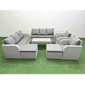 Fimous PE Rattan High Back Lounge Sofa Set Patio Oblong Coffee Table & Chairs Set with 3 Seater Sofa Reclining Chair 2 Big Footstool 2 Side Table Fimous PE Rattan High Back Lounge Sofa Set Patio Oblong Coffee Table & Chairs Set with 3 Seater Sofa Reclining Chair 2 Big Footstool 2 Side Table