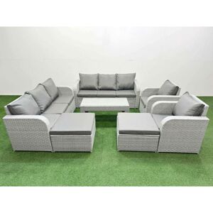 Pe Rattan High Back Lounge Sofa Set Patio Oblong Coffee Table & Chairs Set with 3 Seater Sofa Reclining Chair 2 Big Footstool Light Grey - Fimous Pe Rattan High Back Lounge Sofa Set Patio Oblong Coffee Table & Chairs Set with 3 Seater Sofa Reclining Chair 2 Big Footstool Light Grey - Fimous