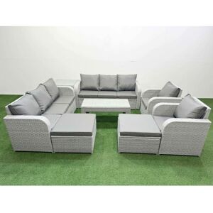 FIMOUS Pe Rattan High Back Lounge Sofa Set Patio Oblong Coffee Table & Chairs Set with 3 Seater Sofa Reclining Chair 2 Big Footstool Side Table Light Grey FIMOUS Pe Rattan High Back Lounge Sofa Set Patio Oblong Coffee Table & Chairs Set with 3 Seater Sofa Reclining Chair 2 Big Footstool Side Table Light Grey