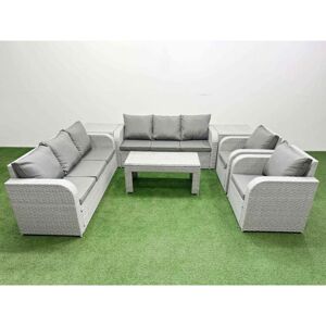 Pe Rattan High Back Lounge Sofa Set Patio Oblong Coffee Table & Chairs Set with 3 Seater Sofa Reclining Chair 2 Side Table Light Grey - Fimous Pe Rattan High Back Lounge Sofa Set Patio Oblong Coffee Table & Chairs Set with 3 Seater Sofa Reclining Chair 2 Side Table Light Grey - Fimous