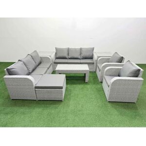 FIMOUS Pe Rattan High Back Lounge Sofa Set Patio Oblong Coffee Table & Chairs Set with 3 Seater Sofa Reclining Chair Big Footstool 2 Side Table Light Grey FIMOUS Pe Rattan High Back Lounge Sofa Set Patio Oblong Coffee Table & Chairs Set with 3 Seater Sofa Reclining Chair Big Footstool 2 Side Table Light Grey