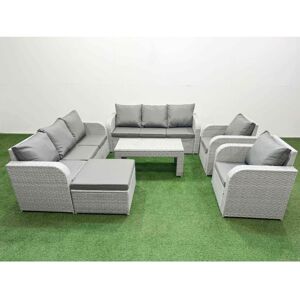 Pe Rattan High Back Lounge Sofa Set Patio Oblong Coffee Table & Chairs Set with 3 Seater Sofa Reclining Chair Big Footstool Light Grey - Fimous Pe Rattan High Back Lounge Sofa Set Patio Oblong Coffee Table & Chairs Set with 3 Seater Sofa Reclining Chair Big Footstool Light Grey - Fimous