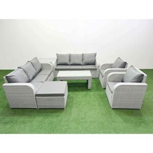 FIMOUS Pe Rattan High Back Lounge Sofa Set Patio Oblong Coffee Table & Chairs Set with 3 Seater Sofa Reclining Chair Big Footstool Side Table Light Grey FIMOUS Pe Rattan High Back Lounge Sofa Set Patio Oblong Coffee Table & Chairs Set with 3 Seater Sofa Reclining Chair Big Footstool Side Table Light Grey