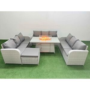 Pe Rattan Lounge Sofa Set 10 Seater Outdoor Garden Furniture Set with Firepit Dining Table 3 Seater Sofa Big Footstool Light Grey - Fimous Pe Rattan Lounge Sofa Set 10 Seater Outdoor Garden Furniture Set with Firepit Dining Table 3 Seater Sofa Big Footstool Light Grey - Fimous