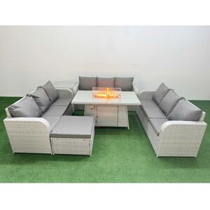 Pe Rattan Lounge Sofa Set 10 Seater Outdoor Garden Furniture Set with Firepit Dining Table 3 Seater Sofa Big Footstool Side Table Light Grey - Fimous Pe Rattan Lounge Sofa Set 10 Seater Outdoor Garden Furniture Set with Firepit Dining Table 3 Seater Sofa Big Footstool Side Table Light Grey - Fimous