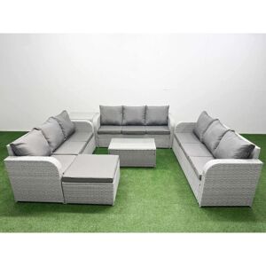 Fimous PE Rattan Lounge Sofa Set 10 Seater Outdoor Garden Furniture Set with Rectangular Coffee Table 3 Seater Sofa Big Footstool Side Table Light Fimous PE Rattan Lounge Sofa Set 10 Seater Outdoor Garden Furniture Set with Rectangular Coffee Table 3 Seater Sofa Big Footstool Side Table Light