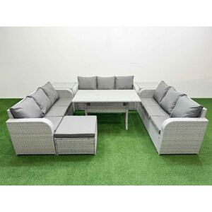 FIMOUS Pe Rattan Lounge Sofa Set 10 Seater Outdoor Garden Furniture Set with Rectangular Dining Table 3 Seater Sofa Big Footstool 2 Side Table Light Grey FIMOUS Pe Rattan Lounge Sofa Set 10 Seater Outdoor Garden Furniture Set with Rectangular Dining Table 3 Seater Sofa Big Footstool 2 Side Table Light Grey
