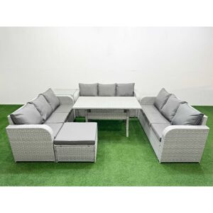 FIMOUS Pe Rattan Lounge Sofa Set 10 Seater Outdoor Garden Furniture Set with Rectangular Dining Table 3 Seater Sofa Big Footstool Side Table Light Grey FIMOUS Pe Rattan Lounge Sofa Set 10 Seater Outdoor Garden Furniture Set with Rectangular Dining Table 3 Seater Sofa Big Footstool Side Table Light Grey