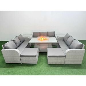 FIMOUS Pe Rattan Lounge Sofa Set 11 Seater Outdoor Garden Furniture Set with Firepit Dining Table 3 Seater Sofa 2 Big Footstools 2 Side Table Light Grey FIMOUS Pe Rattan Lounge Sofa Set 11 Seater Outdoor Garden Furniture Set with Firepit Dining Table 3 Seater Sofa 2 Big Footstools 2 Side Table Light Grey