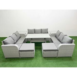 FIMOUS Pe Rattan Lounge Sofa Set 11 Seater Outdoor Garden Furniture Set with Rectangular Dining Table 3 Seater Sofa 2 Big Footstools 2 Side Table Light Grey FIMOUS Pe Rattan Lounge Sofa Set 11 Seater Outdoor Garden Furniture Set with Rectangular Dining Table 3 Seater Sofa 2 Big Footstools 2 Side Table Light Grey
