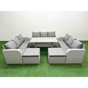 Pe Rattan Lounge Sofa Set 11 Seater Outdoor Garden Furniture Set with Rectangular Dining Table 3 Seater Sofa 2 Big Footstools Light Grey - Fimous Pe Rattan Lounge Sofa Set 11 Seater Outdoor Garden Furniture Set with Rectangular Dining Table 3 Seater Sofa 2 Big Footstools Light Grey - Fimous