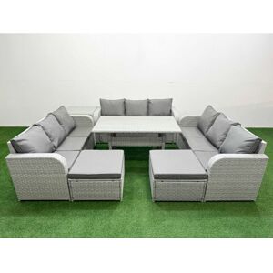 FIMOUS Pe Rattan Lounge Sofa Set 11 Seater Outdoor Garden Furniture Set with Rectangular Dining Table 3 Seater Sofa 2 Big Footstools Side Table Light Grey FIMOUS Pe Rattan Lounge Sofa Set 11 Seater Outdoor Garden Furniture Set with Rectangular Dining Table 3 Seater Sofa 2 Big Footstools Side Table Light Grey