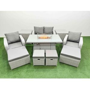 Fimous PE Rattan Lounge Sofa Set 8 Seater Outdoor Garden Furniture Set with Gas Firepit Table Love Sofa 4 Footstools 2 Side Tables Light Grey Fimous PE Rattan Lounge Sofa Set 8 Seater Outdoor Garden Furniture Set with Gas Firepit Table Love Sofa 4 Footstools 2 Side Tables Light Grey