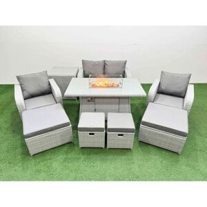 Fimous PE Rattan Lounge Sofa Set 8 Seater Outdoor Garden Furniture Set with Gas Firepit Table Love Sofa 4 Footstools Side Table Light Grey Fimous PE Rattan Lounge Sofa Set 8 Seater Outdoor Garden Furniture Set with Gas Firepit Table Love Sofa 4 Footstools Side Table Light Grey