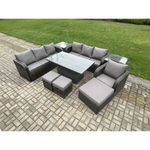 Fimous PE Rattan Outdoor Garden Furniture Sets Height Adjustable Rising lifting Dining Table Sofa Set with 2 Side Tables Reclining Chair 3 Footstools Fimous PE Rattan Outdoor Garden Furniture Sets Height Adjustable Rising lifting Dining Table Sofa Set with 2 Side Tables Reclining Chair 3 Footstools