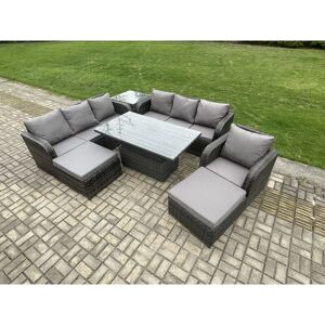 FIMOUS Pe Rattan Outdoor Garden Furniture Sets Height Adjustable Rising lifting Dining Table Sofa Set with Side Tables Reclining Chair 2 Big Footstool FIMOUS Pe Rattan Outdoor Garden Furniture Sets Height Adjustable Rising lifting Dining Table Sofa Set with Side Tables Reclining Chair 2 Big Footstool