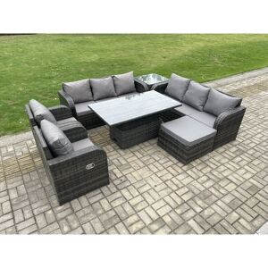 FIMOUS Pe Rattan Outdoor Garden Furniture Sets Height Adjustable Rising lifting DiningTable Sofa Set with Reclining Chair Side Table Footstool Dark Grey FIMOUS Pe Rattan Outdoor Garden Furniture Sets Height Adjustable Rising lifting DiningTable Sofa Set with Reclining Chair Side Table Footstool Dark Grey