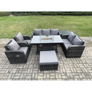 Pe Wicker Outdoor Rattan Garden Furniture Set Propane Gas Fire Pit Table and Sofa Chair set with Side Table Big Footstool - Fimous Pe Wicker Outdoor Rattan Garden Furniture Set Propane Gas Fire Pit Table and Sofa Chair set with Side Table Big Footstool - Fimous