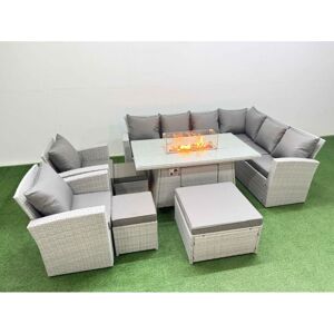 Rattan Corner Sofa Chair Set Outdoor Furniture Garden Dining Set Gas Fire Pit Table with Temper Glass 3 Footstools Light Grey Mixed - Fimous Rattan Corner Sofa Chair Set Outdoor Furniture Garden Dining Set Gas Fire Pit Table with Temper Glass 3 Footstools Light Grey Mixed - Fimous