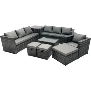Fimous Rattan Garden Furniture Dining Set 10-seater Patio Coffee Table Sofa Set with 3 Stools Side Table Dark Grey Mixed Fimous Rattan Garden Furniture Dining Set 10-seater Patio Coffee Table Sofa Set with 3 Stools Side Table Dark Grey Mixed