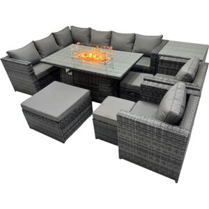 Fimous Rattan Garden Furniture Dining Set 11-seater Gas Firepit Dining Table Corner Sofa Set with 3 Stool Side Table Dark Grey Mixed Fimous Rattan Garden Furniture Dining Set 11-seater Gas Firepit Dining Table Corner Sofa Set with 3 Stool Side Table Dark Grey Mixed