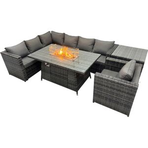 Fimous Rattan Garden Furniture Dining Set 7-seater Gas Firepit Dining Table Corner Sofa Set with Side Table Dark Grey Mixed Fimous Rattan Garden Furniture Dining Set 7-seater Gas Firepit Dining Table Corner Sofa Set with Side Table Dark Grey Mixed