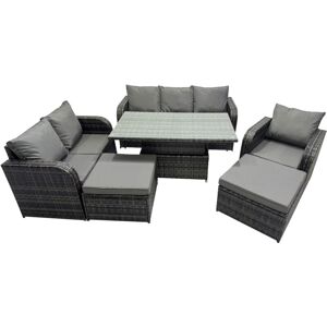 Rattan Garden Furniture Dining Set 8-seater Patio Height Adjustable Rising Lifting Table Sofa Set with 2 Big Footstool Dark Grey Mixed - Fimous Rattan Garden Furniture Dining Set 8-seater Patio Height Adjustable Rising Lifting Table Sofa Set with 2 Big Footstool Dark Grey Mixed - Fimous