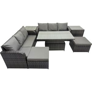 FIMOUS Rattan Garden Furniture Dining Set 8-seater Patio Height Adjustable Rising Lifting Table Sofa Set with 2 Side Table 2 Big Footstool Dark Grey Mixed FIMOUS Rattan Garden Furniture Dining Set 8-seater Patio Height Adjustable Rising Lifting Table Sofa Set with 2 Side Table 2 Big Footstool Dark Grey Mixed