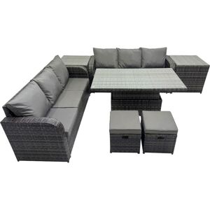 FIMOUS Rattan Garden Furniture Dining Set 8-seater Patio Height Adjustable Rising Lifting Table Sofa Set with 2 Side Table 2 Small Footstools Dark Grey FIMOUS Rattan Garden Furniture Dining Set 8-seater Patio Height Adjustable Rising Lifting Table Sofa Set with 2 Side Table 2 Small Footstools Dark Grey