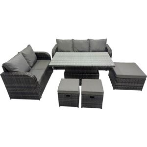 Rattan Garden Furniture Dining Set 8-seater Patio Height Adjustable Rising Lifting Table Sofa Set with 3 Footstools Dark Grey Mixed - Fimous Rattan Garden Furniture Dining Set 8-seater Patio Height Adjustable Rising Lifting Table Sofa Set with 3 Footstools Dark Grey Mixed - Fimous