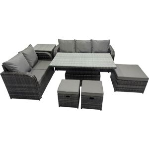 FIMOUS Rattan Garden Furniture Dining Set 8-seater Patio Height Adjustable Rising Lifting Table Sofa Set with 3 Footstools Side Table Dark Grey Mixed FIMOUS Rattan Garden Furniture Dining Set 8-seater Patio Height Adjustable Rising Lifting Table Sofa Set with 3 Footstools Side Table Dark Grey Mixed