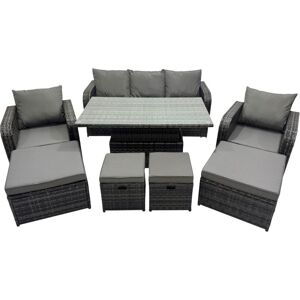 Rattan Garden Furniture Dining Set 8-seater Patio Height Adjustable Rising Lifting Table Sofa Set with 4 Footstools Dark Grey Mixed - Fimous Rattan Garden Furniture Dining Set 8-seater Patio Height Adjustable Rising Lifting Table Sofa Set with 4 Footstools Dark Grey Mixed - Fimous