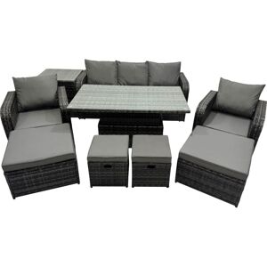 FIMOUS Rattan Garden Furniture Dining Set 8-seater Patio Height Adjustable Rising Lifting Table Sofa Set with Side Table 2 Big Footstool Dark Grey Mixed FIMOUS Rattan Garden Furniture Dining Set 8-seater Patio Height Adjustable Rising Lifting Table Sofa Set with Side Table 2 Big Footstool Dark Grey Mixed
