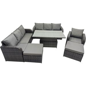 Rattan Garden Furniture Dining Set 9-seater Patio Height Adjustable Rising Lifting Table Sofa Set with 2 Big Footstool Dark Grey Mixed - Fimous Rattan Garden Furniture Dining Set 9-seater Patio Height Adjustable Rising Lifting Table Sofa Set with 2 Big Footstool Dark Grey Mixed - Fimous