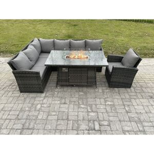 Rattan Garden Furniture High Back Corner Sofa Gas Fire Pit Dining Table Sets Gas Heater with Armchair 7 Seater Dark Grey Mixed - Fimous Rattan Garden Furniture High Back Corner Sofa Gas Fire Pit Dining Table Sets Gas Heater with Armchair 7 Seater Dark Grey Mixed - Fimous