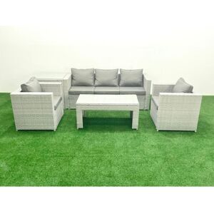 Fimous Rattan Garden Furniture Set 5 Pieces Outdoor Garden Sofa Oblong Coffee Table Set with 2 Chairs Side Tabe Light Grey Mixed Fimous Rattan Garden Furniture Set 5 Pieces Outdoor Garden Sofa Oblong Coffee Table Set with 2 Chairs Side Tabe Light Grey Mixed