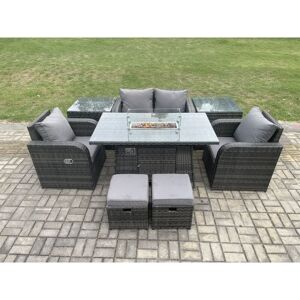 Rattan Garden Furniture Set Outdoor Patio Gas Fire Pit Dining Table and Chairs with Love seat Sofa Footstool 2 Side Tables - Fimous Rattan Garden Furniture Set Outdoor Patio Gas Fire Pit Dining Table and Chairs with Love seat Sofa Footstool 2 Side Tables - Fimous