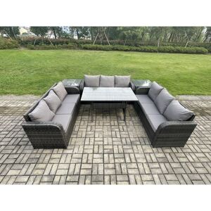 Rattan Garden Furniture Set with Oblong Rectangular Dining Table 2 Side Tables 9 Seater Outdoor Lounge Sofa Set Dark Grey Mixed - Fimous Rattan Garden Furniture Set with Oblong Rectangular Dining Table 2 Side Tables 9 Seater Outdoor Lounge Sofa Set Dark Grey Mixed - Fimous