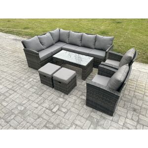 Rattan Garden Furniture Sets High Back Corner Sofa Oblong Coffee Table Set with 2 Small Footstool 2 Armchairs Dark Grey Mixed - Fimous Rattan Garden Furniture Sets High Back Corner Sofa Oblong Coffee Table Set with 2 Small Footstool 2 Armchairs Dark Grey Mixed - Fimous