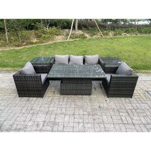 Fimous Rattan Garden Furniture Sofa Set Outdoor Adjustable Rising Lifting Dining Table Set with 2 Armchairs 2 Side Tables Dark Grey Mixed Fimous Rattan Garden Furniture Sofa Set Outdoor Adjustable Rising Lifting Dining Table Set with 2 Armchairs 2 Side Tables Dark Grey Mixed