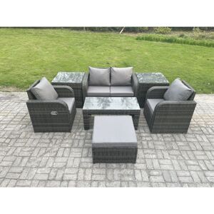 Rattan Lounge Sofa Set 7 pcs Outdoor Garden Furniture Set with Rectangular Coffee Table Love Sofa 2 Side Tables Big Footstool Dark Grey Mixed - Fimous Rattan Lounge Sofa Set 7 pcs Outdoor Garden Furniture Set with Rectangular Coffee Table Love Sofa 2 Side Tables Big Footstool Dark Grey Mixed - Fimous